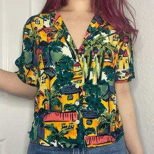 Tropical Hawaiian print cropped button down